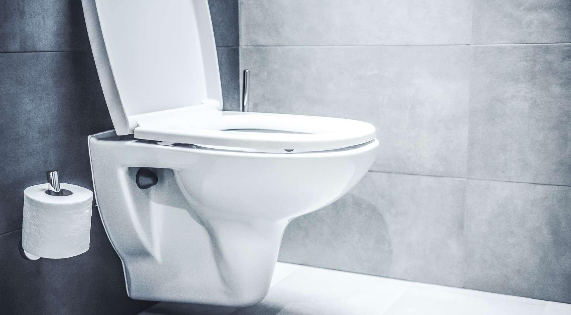 Allianz Gesundheitswelt - Toilettenhygiene: Weiße Toilette vor grauen Badfliesen