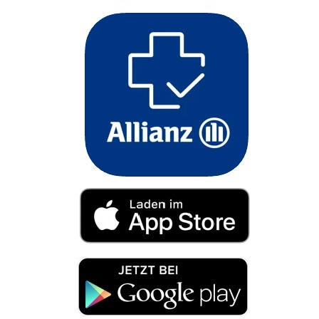Allianz Gesundheits-App im App Store und Play Store herunterladen. Logos der Allianz Gesundheits-App, Apple App Store und Google Play Store.