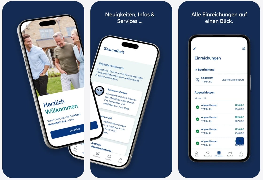 Screenshots aus der Allianz Gesundheits-App, welche einige Funktionen zeigen.