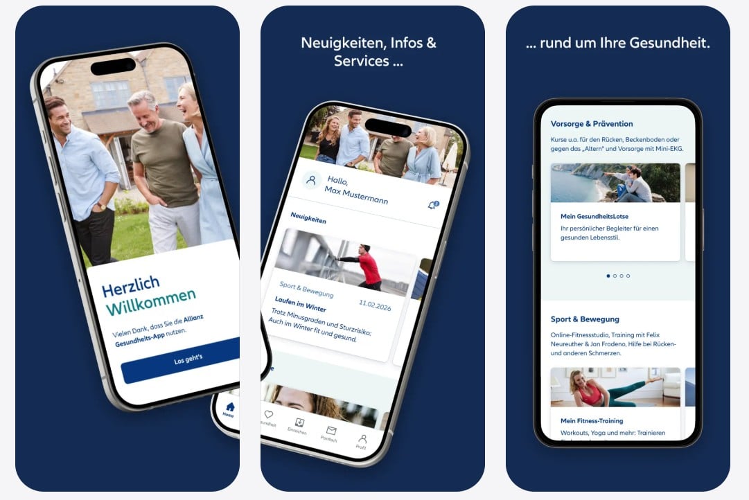 Screenshots aus der Allianz Gesundheits-App, welche einige Funktionen zeigen.