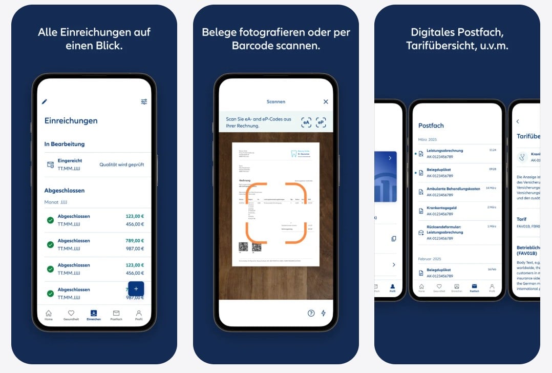 Screenshots aus der Allianz Gesundheits-App, welche einige Funktionen zeigen.
