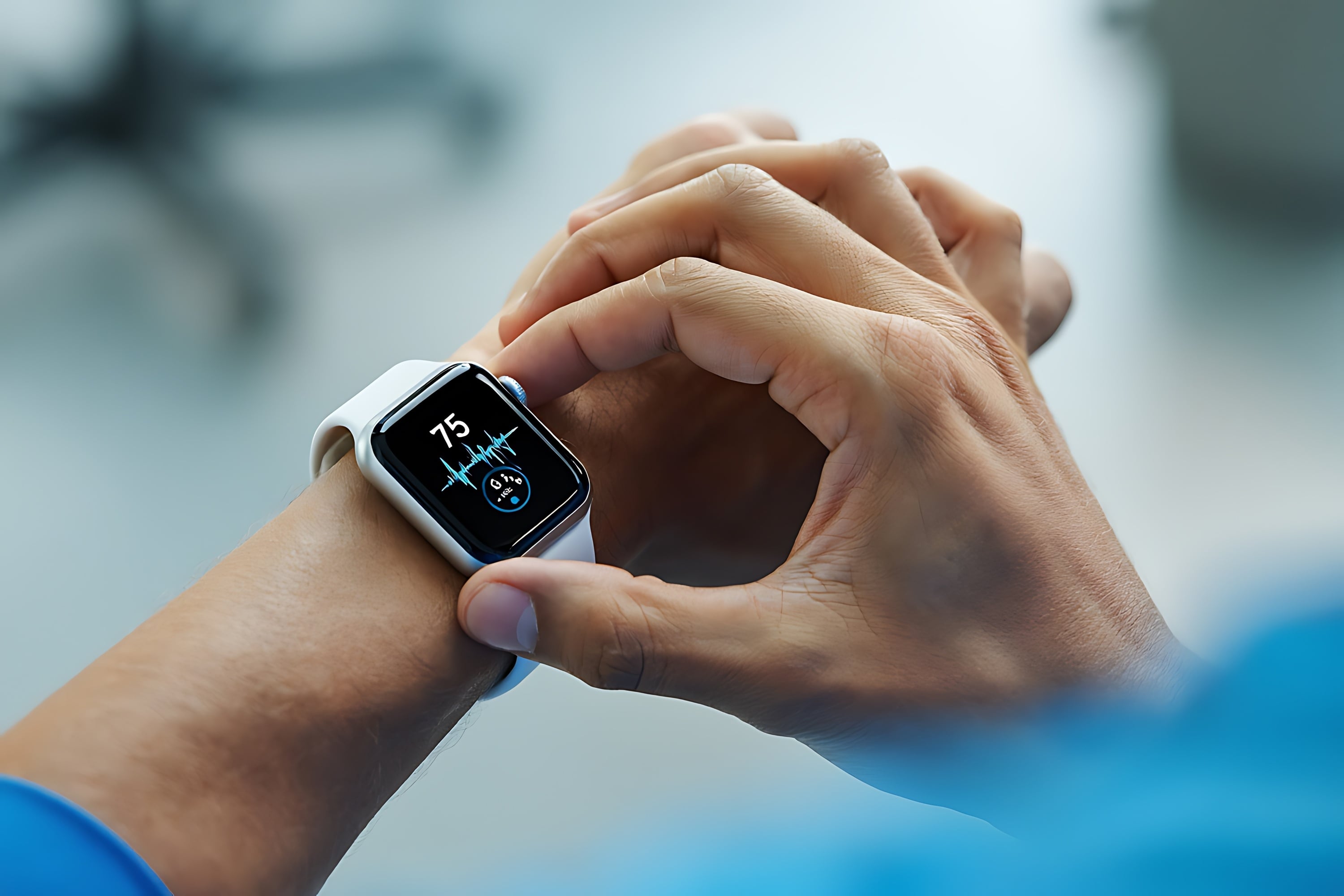 Arm, an dem eine Smartwatch getragen wird, die gerade ein EKG misst.