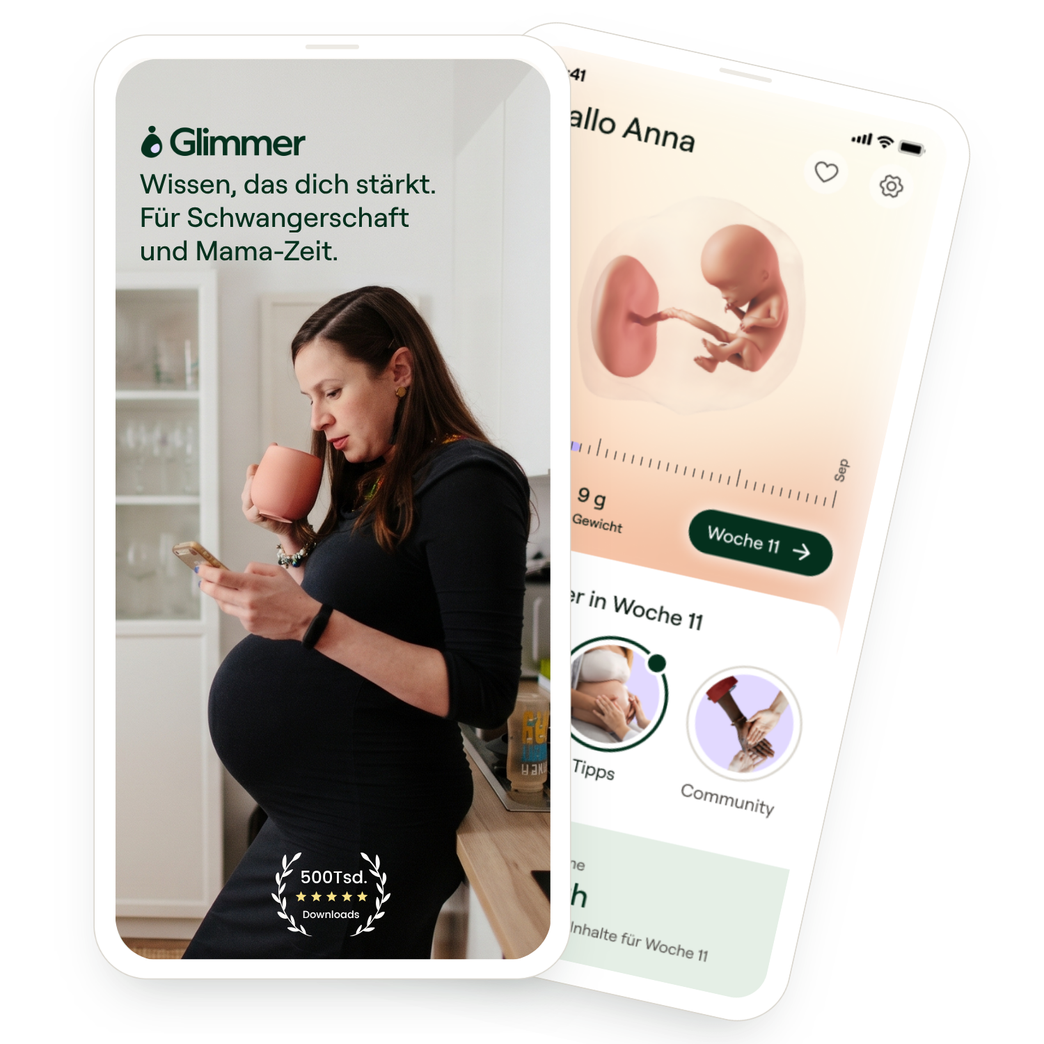 Zwei beispielhafte Bildschirmabbildungen aus der Glimmer-App